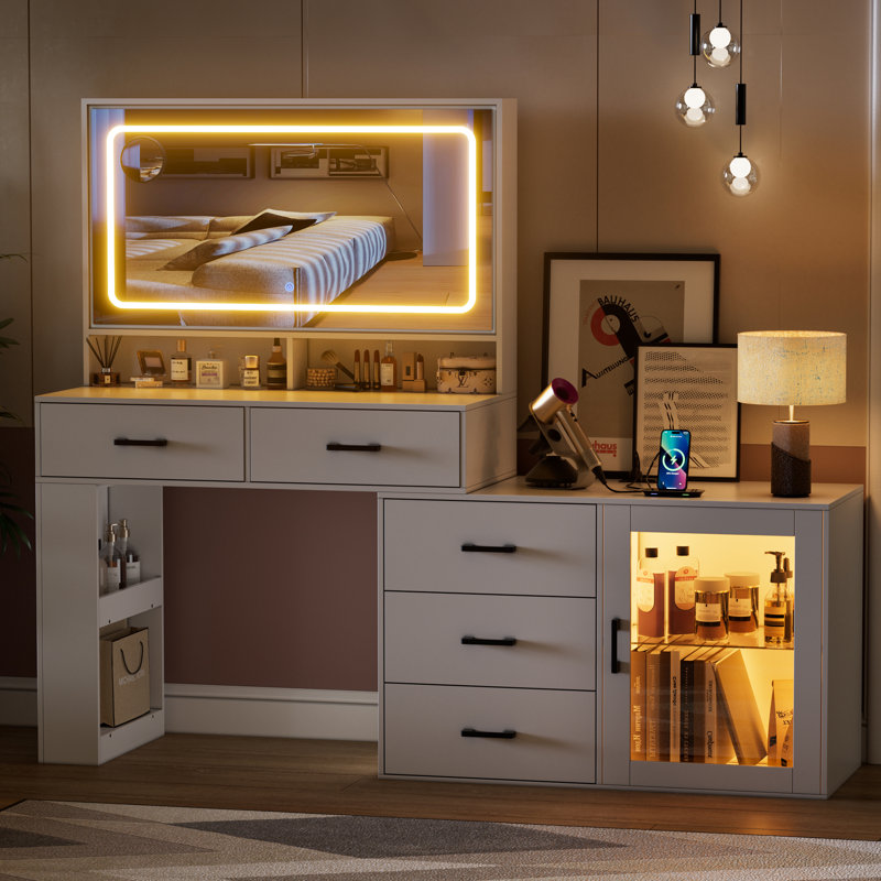 Ivy Bronx White Makeup Vanity Desk With Mirror And Lights Charging Station 3 Color Modes Adjustable Brightness Dressing Table Corner Vanity L Shape Change Wayfair